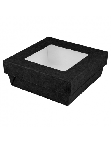 image Boîte à Salade en Carton Noir avec Couvercle à Fenêtre 350 ML 10x10x4 CM - (250 UNITÉ)